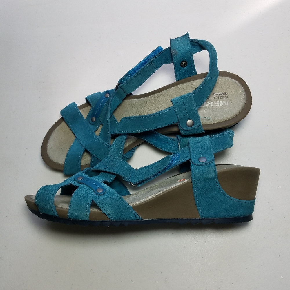 Merrell Wedge Sandals Teal Suede Strappy 8